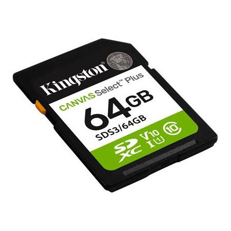 KINGSTON Memóriakártya, SDXC, 64GB, C10/UHS-I/U1/V10, Gen3, KINGSTON "Canvas Select Plus"