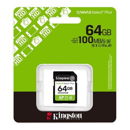 KINGSTON Memóriakártya, SDXC, 64GB, C10/UHS-I/U1/V10, Gen3, KINGSTON "Canvas Select Plus"