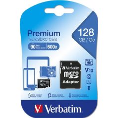   VERBATIM Memóriakártya, microSDXC, 128GB, CL10/U1, 90/10 MB/s, adapter, VERBATIM "Premium"