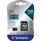 VERBATIM Memóriakártya, microSDXC, 128GB, CL10/U3, 90/45 MB/s, adapter, VERBATIM "PRO"