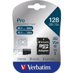   VERBATIM Memóriakártya, microSDXC, 128GB, CL10/U3, 90/45 MB/s, adapter, VERBATIM "PRO"