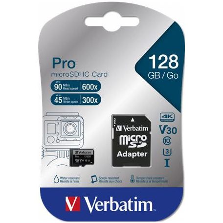 VERBATIM Memóriakártya, microSDXC, 128GB, CL10/U3, 90/45 MB/s, adapter, VERBATIM "PRO"