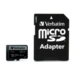   VERBATIM Memóriakártya, microSDXC, 128GB, CL10/U3, 90/45 MB/s, adapter, VERBATIM "PRO"