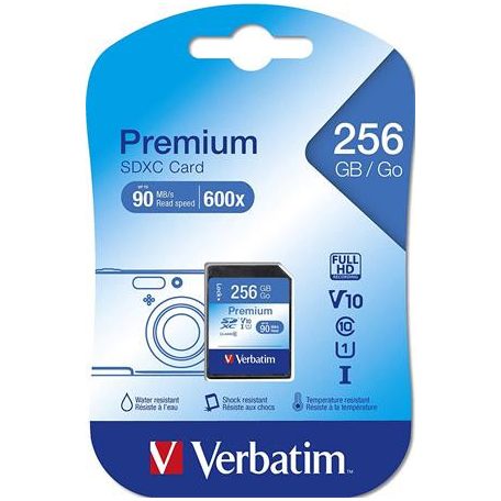 VERBATIM Memóriakártya, microSDXC, 256GB CL10/U1, 90/10 MB/s, adapter, VERBATIM "Premium"