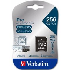   VERBATIM Memóriakártya, microSDXC, 256GB, CL10/U3/A2, 100/90 MB/s, adapter, VERBATIM "PRO"