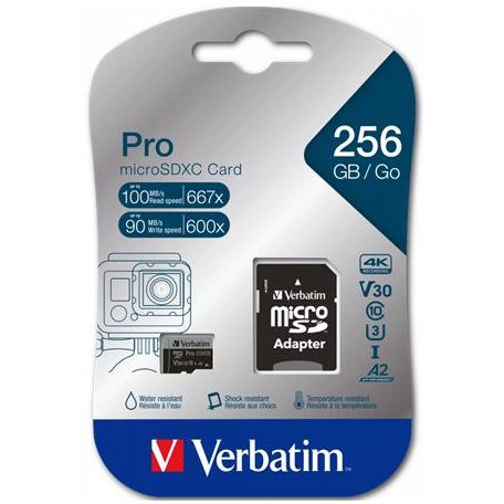 VERBATIM Memóriakártya, microSDXC, 256GB, CL10/U3/A2, 100/90 MB/s, adapter, VERBATIM "PRO"