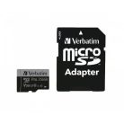 VERBATIM Memóriakártya, microSDXC, 256GB, CL10/U3/A2, 100/90 MB/s, adapter, VERBATIM "PRO"