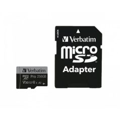   VERBATIM Memóriakártya, microSDXC, 256GB, CL10/U3/A2, 100/90 MB/s, adapter, VERBATIM "PRO"