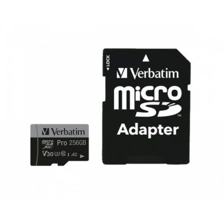 VERBATIM Memóriakártya, microSDXC, 256GB, CL10/U3/A2, 100/90 MB/s, adapter, VERBATIM "PRO"