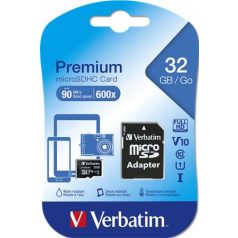   VERBATIM Memóriakártya, microSDHC, 32GB, CL10/U1, 90/10 MB/s, adapter, VERBATIM "Premium"