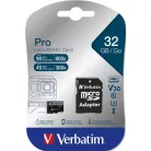 VERBATIM Memóriakártya, microSDHC, 32GB, CL10/U3, 90/45 MB/s, adapter, VERBATIM "PRO"