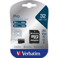   VERBATIM Memóriakártya, microSDHC, 32GB, CL10/U3, 90/45 MB/s, adapter, VERBATIM "PRO"