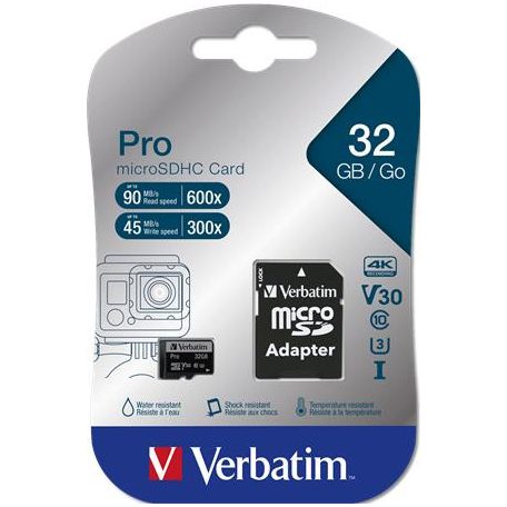 VERBATIM Memóriakártya, microSDHC, 32GB, CL10/U3, 90/45 MB/s, adapter, VERBATIM "PRO"