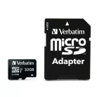 VERBATIM Memóriakártya, microSDHC, 32GB, CL10/U3, 90/45 MB/s, adapter, VERBATIM "PRO"