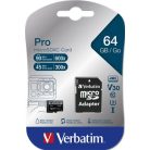 VERBATIM Memóriakártya, microSDXC, 64GB, CL10/U3, 90/45 MB/s, adapter, VERBATIM "PRO"