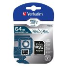 VERBATIM Memóriakártya, microSDXC, 64GB, CL10/U3, 90/45 MB/s, adapter, VERBATIM "PRO"