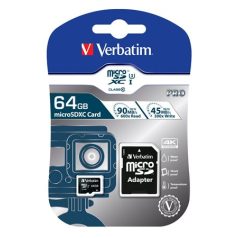   VERBATIM Memóriakártya, microSDXC, 64GB, CL10/U3, 90/45 MB/s, adapter, VERBATIM "PRO"