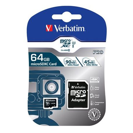 VERBATIM Memóriakártya, microSDXC, 64GB, CL10/U3, 90/45 MB/s, adapter, VERBATIM "PRO"