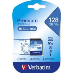  VERBATIM Memóriakártya, SDXC, 128GB, CL10/U1, 90/10 MB/s, VERBATIM "Premium"