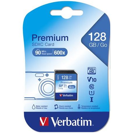 VERBATIM Memóriakártya, SDXC, 128GB, CL10/U1, 90/10 MB/s, VERBATIM "Premium"