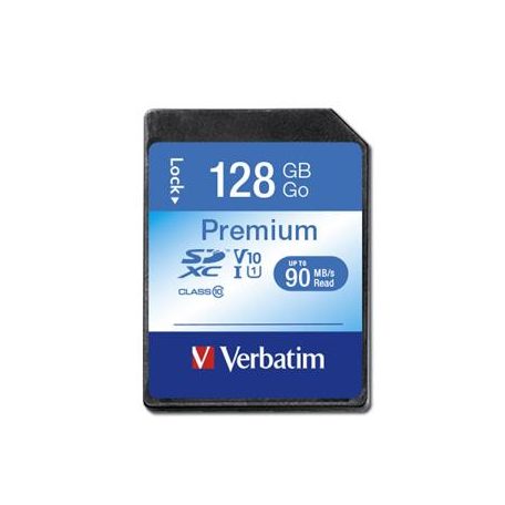 VERBATIM Memóriakártya, SDXC, 128GB, CL10/U1, 90/10 MB/s, VERBATIM "Premium"