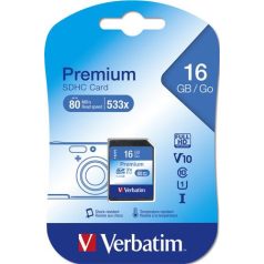  VERBATIM Memóriakártya, SDHC, 16GB, CL10/U1, 80/10 MB/s, VERBATIM "Premium"