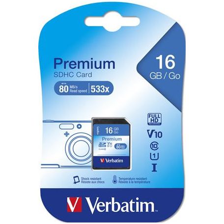 VERBATIM Memóriakártya, SDHC, 16GB, CL10/U1, 80/10 MB/s, VERBATIM "Premium"