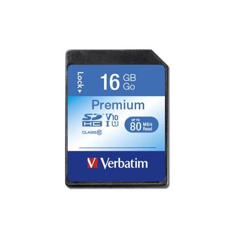 VERBATIM Memóriakártya, SDHC, 16GB, CL10/U1, 80/10 MB/s, VERBATIM "Premium"