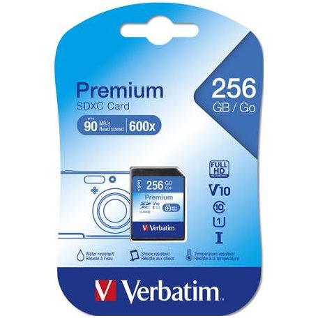 VERBATIM Memóriakártya, SDXC, 256GB, CL10/U1, 90/10 MB/s, VERBATIM "Premium"