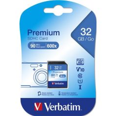   VERBATIM Memóriakártya, SDHC, 32GB, CL10/U1, 90/10 MB/s, VERBATIM "Premium"