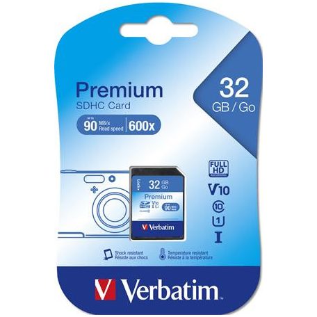 VERBATIM Memóriakártya, SDHC, 32GB, CL10/U1, 90/10 MB/s, VERBATIM "Premium"