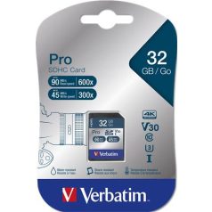   VERBATIM Memóriakártya, SDHC, 32GB, CL10/U3, 90/45MB/sec, VERBATIM "PRO"