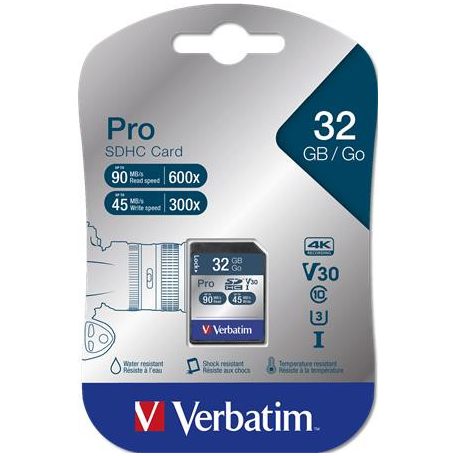 VERBATIM Memóriakártya, SDHC, 32GB, CL10/U3, 90/45MB/sec, VERBATIM "PRO"