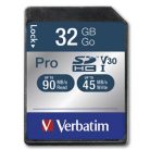 VERBATIM Memóriakártya, SDHC, 32GB, CL10/U3, 90/45MB/sec, VERBATIM "PRO"