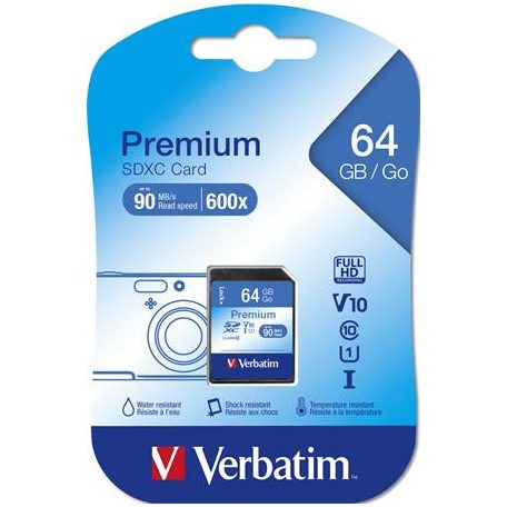 VERBATIM Memóriakártya, SDXC, 64GB, CL10/U1, 90/10 MB/s, VERBATIM "Premium"