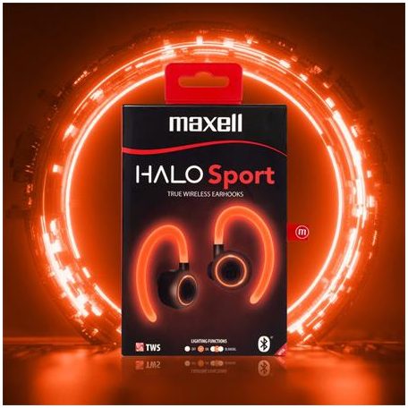 MAXELL Fülhallgató, vezeték nélküli, Bluetooth, mikrofonnal, LED-es fülhallgató, MAXELL "Halo Sport", fekete