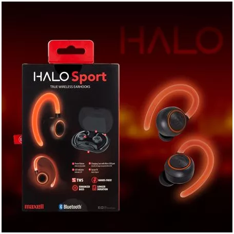 MAXELL Fülhallgató, vezeték nélküli, Bluetooth, mikrofonnal, LED-es fülhallgató, MAXELL "Halo Sport", fekete