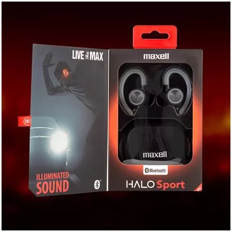 MAXELL Fülhallgató, vezeték nélküli, Bluetooth, mikrofonnal, LED-es fülhallgató, MAXELL "Halo Sport", fekete