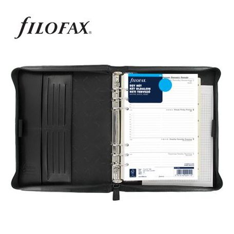 FILOFAX Kalendárium, gyűrűs, betétlapokkal, A5, FILOFAX "Metropol", cipzárral fekete