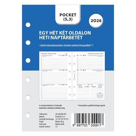 FILOFAX Kalendárium betét, tervező, heti, pocket (S) méret, FILOFAX, 2026