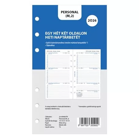 FILOFAX Kalendárium betét, tervező, heti, personal (M) méret, FILOFAX, 2026