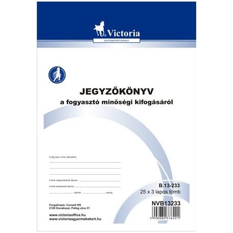 VICTORIA PAPER Nyomtatvány, jegyzőkönyv a fogyasztó minőségi kifogásáról, 25x3, A5, VICTORIA PAPER, "B.13-233", 20 tömb/csomag