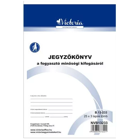 VICTORIA PAPER Nyomtatvány, jegyzőkönyv a fogyasztó minőségi kifogásáról, 25x3, A5, VICTORIA PAPER, "B.13-233", 20 tömb/csomag