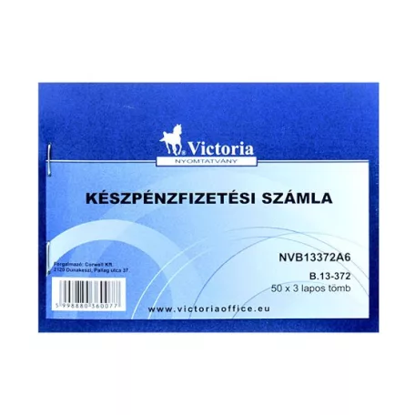 VICTORIA PAPER Nyomtatvány, készpénzfizetési számlatömb, egy ÁFÁs, 50x3, A6, fekvő, VICTORIA PAPER, "B.13-372", 20 tömb/csomag