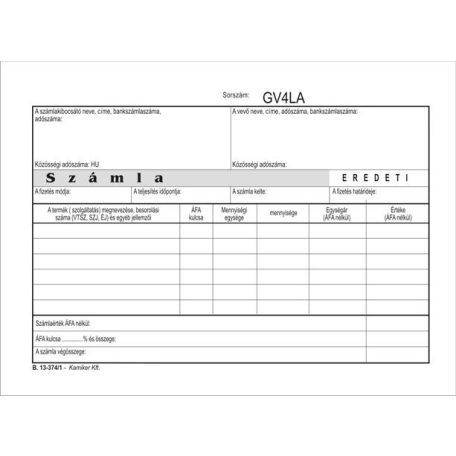 VICTORIA PAPER Nyomtatvány, számlatömb, egy ÁFÁs, 50x3, A5, fekvő, VICTORIA PAPER, "B.13-374", 10 tömb/csomag