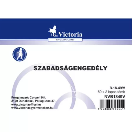 VICTORIA PAPER Nyomtatvány, szabadságengedély, 50x2, A6, VICTORIA PAPER "B.18-49", 10 tömb/csomag