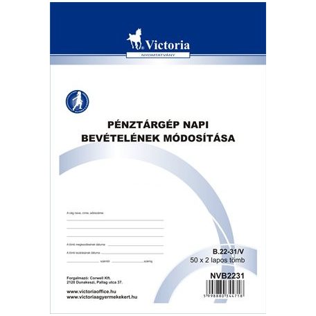 VICTORIA PAPER Nyomtatvány, pénztárgép napi bevételének módosító tételei, 25x2, A5, VICTORIA PAPER "B.22-31", 10 tömb/csomag