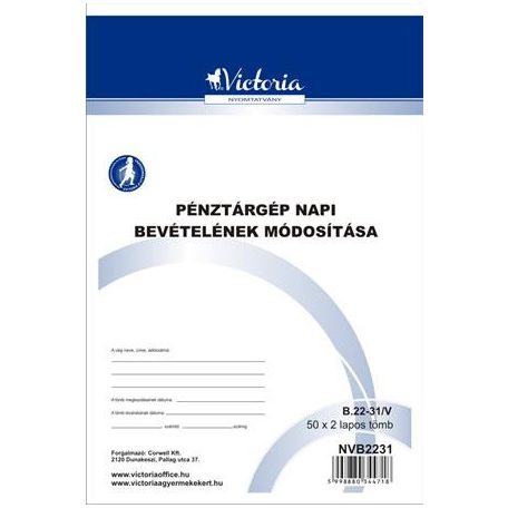 VICTORIA PAPER Nyomtatvány, pénztárgép napi bevételének módosító tételei, 25x2, A5, VICTORIA PAPER "B.22-31", 10 tömb/csomag