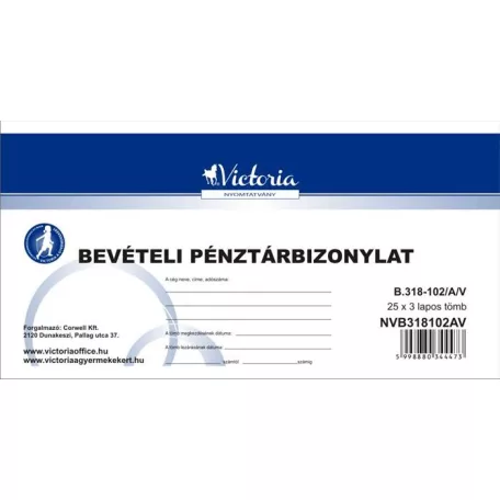 VICTORIA PAPER Nyomtatvány, bevételi pénztárbizonylat, 25x3, VICTORIA PAPER "B.318-102", 10 tömb/csomag