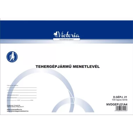 VICTORIA PAPER Nyomtatvány, menetlevél, tehergépjármű, 100 lap, A4, fekvő, VICTORIA PAPER, "D.GÉPJ.21.", 10 tömb/csomag